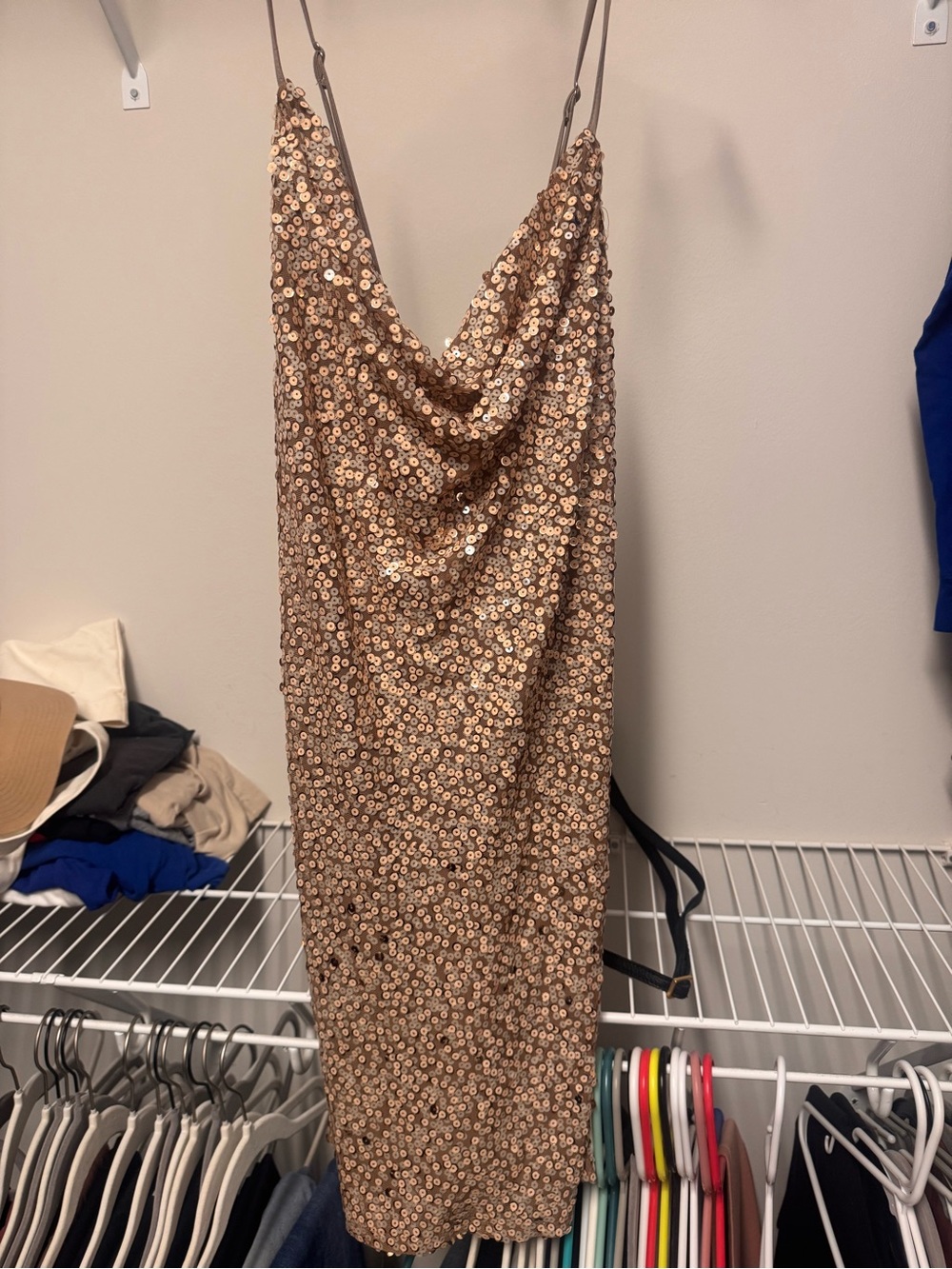 Gold Sequin Slip Dress with Cowl Neck